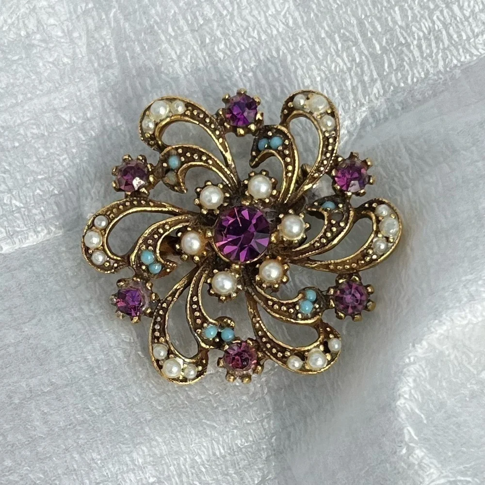Vintage Purple Rhinestone Brooch Pin with Blue and Pearl Accents